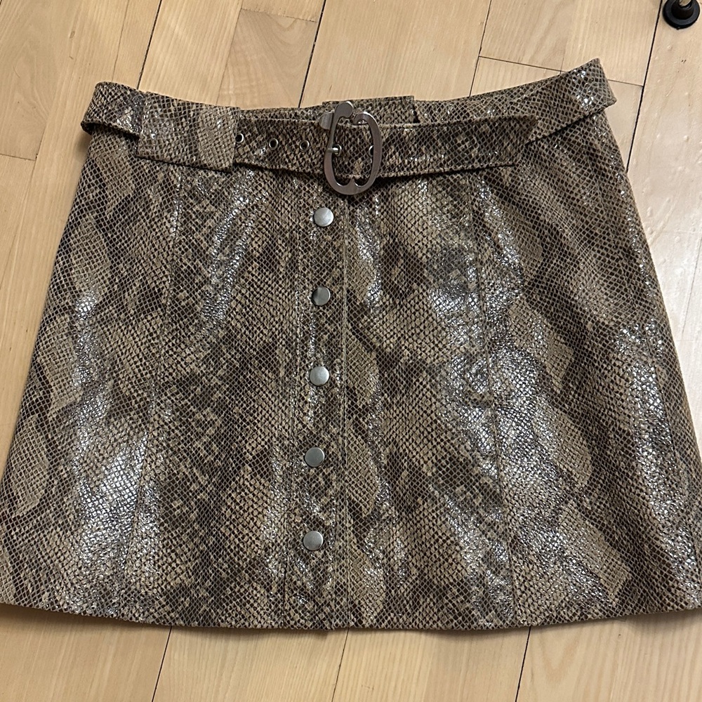 Brown Snake-Print Button Front Mini Leather Skirt with Belt
